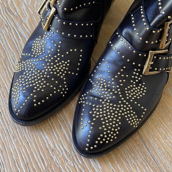 CHLOE Susanna Studded Leather Ankle Boots Black Gold 37.5 - Picture 5 of 10